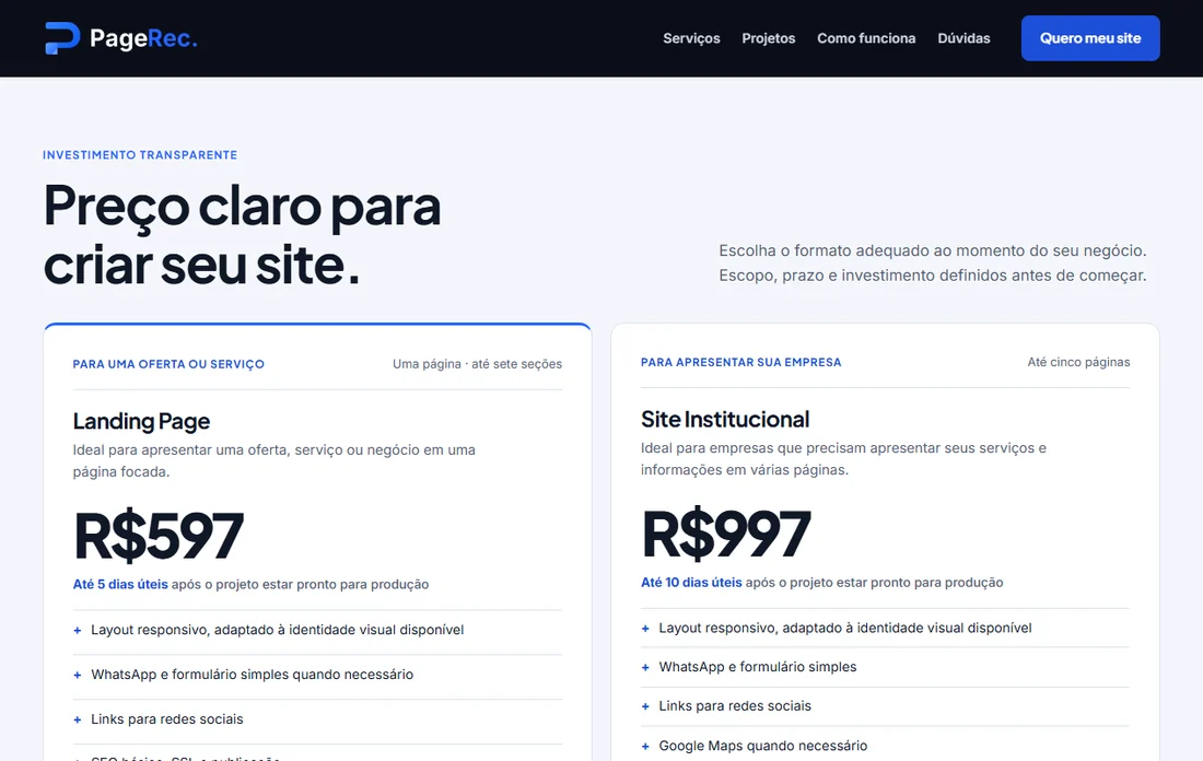 Captura da seção de serviços e preços da PageRec em tela de notebook.