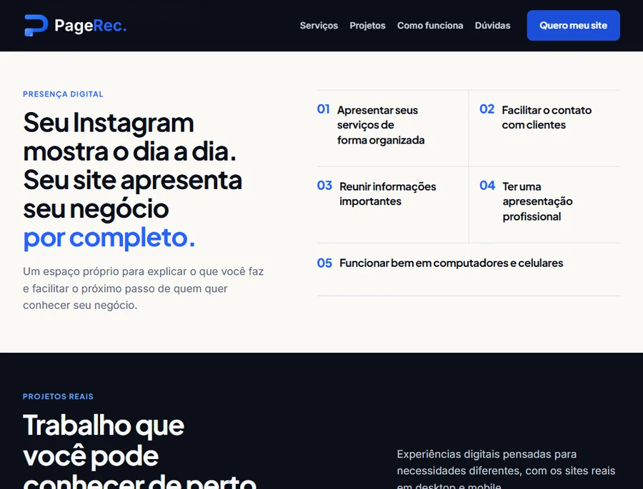 Captura da seção de benefícios da PageRec em tela de tablet.